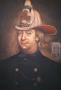 1736年にフィラデルフィアで設立したユニオン・ファイヤー・カンパニーのユニフォームを着たベンジャミン・フランクリン（カラーリトグラフ 作： School American