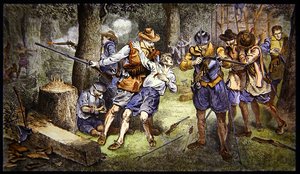 1607年、バージニア州ジェームズタウンの植民地で、インディアンの襲撃から幼い入植地を守る（カラーリトグラフ） 作： School American