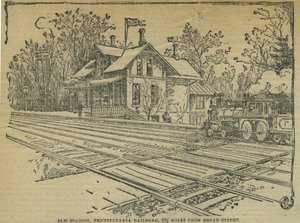 ペンシルバニア鉄道ウェスト・フィラデルフィアのエルム駅（リトグラフ）アメリカ 作： School American