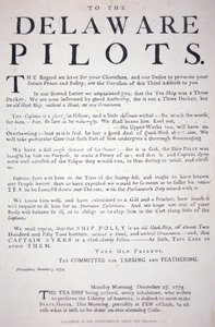 1773年12月7日、フィラデルフィアの愛国者たちがデラウェアの水先人たちにイギリスの茶船を相手にしないよう警告した布告のFacsmile(リトグラフ) 作： School American