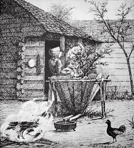 農場風景-洗い桶に向かう女性（J. S. Hodgsonのイラストによる）（リトグラフ 作： School American