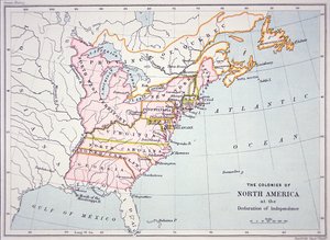 独立宣言時の北米植民地の地図（彩色刷り