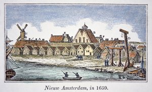 1659年に出版されたマンハッタン島のニューアムステルダム（後のニューヨーク）の風景（カラーリトグラフ