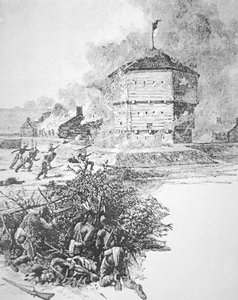 1763年春、オタワ族の酋長ポンティアックによるデトロイト砦の包囲（リトグラフ