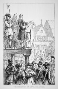 1686年、エドマンド・アンドロス卿が自らを総督としてニューイングランドの領有を宣言（リトグラフ 作： School American