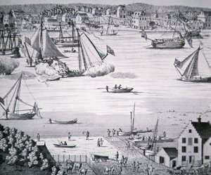1750年頃、造船所のあるニューヨークのイーストリバーの眺め（リトグラフ） 作： School American