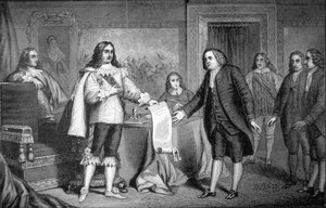 1681年、イギリスのチャールズ2世からペンシルバニア憲章を受け取るウィリアム・ペン氏（リトグラフ版
