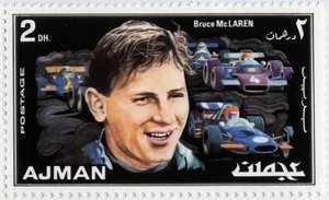 アラブ首長国連邦、ネオ・ゼランドの自動車ドライバーBruce Mc Laren(1937-1970)をモチーフにした切手を発行 作： School Arabic