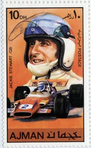スコットランドの自動車ドライバー、ジャッキー・スチュワートを表すアラブ首長国連邦の切手（Ne 1939年 作： School Arabic
