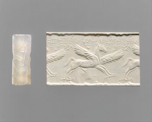 円筒印章と現代の印象：爪と角のある翼のある馬、前14～13世紀頃（カルセドニー 作： School Assyrian