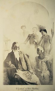 ブラジルの国の創設者、1822 年 9 月 7 日 - アフリカの奴隷、ポルトガル人、ネイティブ インディアン、ホセ ボニファシオ (1763-1838) とペドロ 1 世 (1793-1834) の 3 つの人種を表す寓話 作： School Brazilian