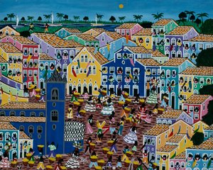 市場を描いたナイーブアートの絵画（ブラジル・バイア州 作： School Brazilian