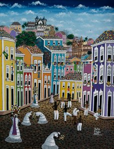 街角の風景を描いたナイーブアートの絵画（ブラジル・バイア州