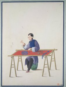 刺繍をしている女性、1800年頃（紙に水彩） 作： School Chinese