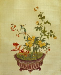 美術 中国：絹に花と鳥を描いたもの。18世紀の匿名の作品。パリ、BN