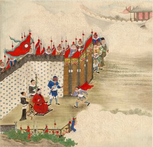 中国美術：使者を受け取る中国の王子 中国のシルクプリント 1820年頃 薄手 24,6x23,7 cm 個人蔵 作： School Chinese