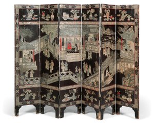 「バタムワーク」6つ折りスクリーン、19世紀後半から20世紀初頭（刻まれた漆） 作： School Chinese