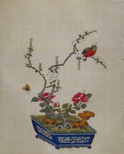 中国美術：花と鳥（ボンザイ）。18世紀のシルクペインティング。パリ、B.N.