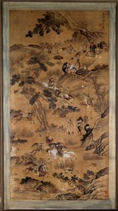 中国美術。"17世紀の「狩猟風景」の版画。 作： School Chinese