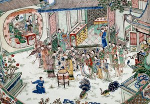 中国美術：コンサートのある伝統的なパーティー。磁器に描かれた絵画。18世紀パリ、ギメ美術館、国立アジア美術館 作： School Chinese