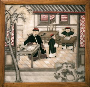 大理石製の飾り皿で、キャビネットの中の文字を表現しています。大理石製絵画、清時代（1644-1911）、中国美術。ラ・ロシェルのオルビニー・ベルノン美術館。 作： School Chinese