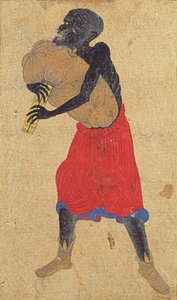 陶磁器を運ぶ男」（絹本着色）のディテール 作： 学校の中国語