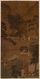 西洋庭園でのエレガントな集まり、1600年頃（シルクにインクと色） 作： School Chinese