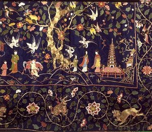 18世紀初頭、カルク修道院のベッドに飾られていた刺繍の掛け物（詳細）（カラーシルクと金糸の刺繍） 作： School Chinese