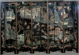 狩猟のシーンアートチャイナ：彫刻された漆のスクリーン 作： School Chinese