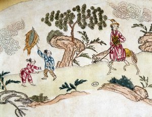 馬に乗った高貴な女性と凧揚げをする子供たち - 中国の版画、1800年頃 作： School Chinese