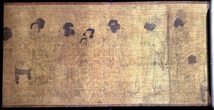 宮殿の遊女たち」手摺り 出かける準備をする遊女たちの細部 南宋時代、1140年頃 周文洲（970年頃）の原画に倣う（絹に墨と顔料）（114250も参照） 作： School Chinese