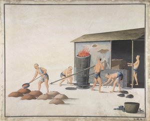 「水に入れて冷ます」、中国で鋳鉄を製造、1820年頃（紙に水彩） 作： School Chinese