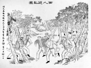 義和団の反乱：義和団と対峙するヨーロッパ人。1899年頃、上海の新聞「Toung-Ouen-Hou-Pao」に掲載されたイラスト。 作： School Chinese