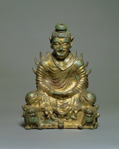 燃えるような肩のある座仏、中国の六朝時代、北魏王朝、3〜5世紀（金銅）