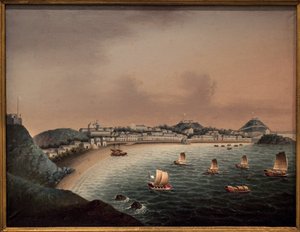 マカオ（中国）の厳格なルール。中国人画家による絵画、油彩・キャンバス、18世紀初頭。ロッテルダム（オランダ）の海洋博物館。 作： School Chinese