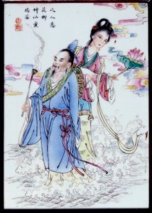 夏のアレゴリー ユリの花を持った女性と香炉を持った男性が水しぶきの中を歩いています。無名の磁器に描かれている。18世紀 個人蔵 作： School Chinese