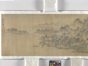 川辺の村の旅人たち」 制作年不詳 （絹本、彩色、墨汁） 作： School Chinese