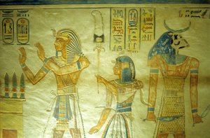 古代エジプト、絵画／彫刻、アモンヒル・ホプシェフ墳墓、ラメセス3世と旗を持つ息子アモンヒル