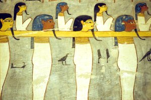 古代エジプト、絵画、ハトホルに繋がれた冥界の神々、神牛、太陽船を曳航する神牛、ラメセス1世の墓、テーベ