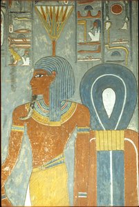 古代エジプト、絵画、ホレムヘブの墓、テーベ第18王朝、ネフェルトゥム神とイシスの結び目、睡蓮または蓮の頭飾りをつけたネフェルトゥムまたはネフェルテム（写真）