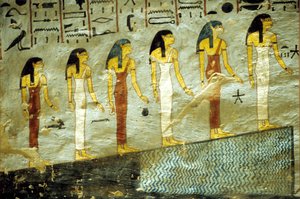 古代エジプト、絵画、ラメセス1世の墓、テーベ、夜の最初の6時間を表す6人の女神が、池のある山の下に登っている。 作： School Egyptian