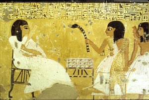 古代エジプト、インヘルクハウの墓、テーベ、神官の務めを果たす息子たちの前のインヘルクハウ、ヒョウの皮を被っている、壁画、貴族の谷、第20王朝（写真） 作： School Egyptian
