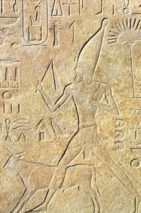古代エジプト、壁面彫刻、カルナック／ルクソール、牛を走らせるハトシェプスト、ヘブセド祭 作： School Egyptian