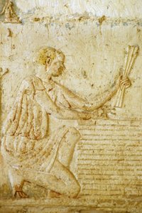 古代エジプト、壁の彫刻／絵画、ペトシリスの墓、トゥナ・エル・ゲベル、紀元前300年、亜麻の収穫（写真） 作： School Egyptian