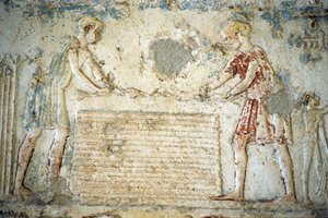 古代エジプト、壁の彫刻／絵画、ペトシリスの墓、トゥナ・エル・ゲベル、紀元前300年、亜麻の収穫（写真） 作： School Egyptian