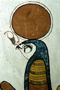 古代エジプト、壁画、ホルス、太陽神、太陽のシンボル、セネデムの墓、テーベ、デイル・エル・メディナ 作： School Egyptian