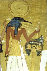 古代エジプト、壁画 インヘルクハウの墓、テーベ、オシリスに故人を紹介するトト神、第20王朝、月の円盤を持つトキ頭の神（写真）