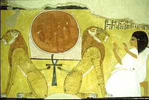 古代エジプト、壁画 インヘルクハウの墓、テーベ、今日と明日の守護者である2頭のライオンを慕うインヘルクハウ、第20王朝時代（写真） 作： School Egyptian