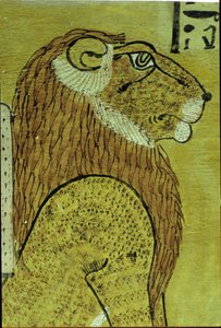 古代エジプト、壁画、インヘルクハウの墓、テーベ、今日と明日の守護者、2頭のライオンのうちの1頭、第20王朝時代（写真） 作： School Egyptian