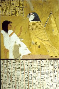 古代エジプト、壁画 インヘルハウの墓、テーベ、貴族の墓、第20王朝、ホルス鷹を拝むインヘルハウ（写真） 作： School Egyptian